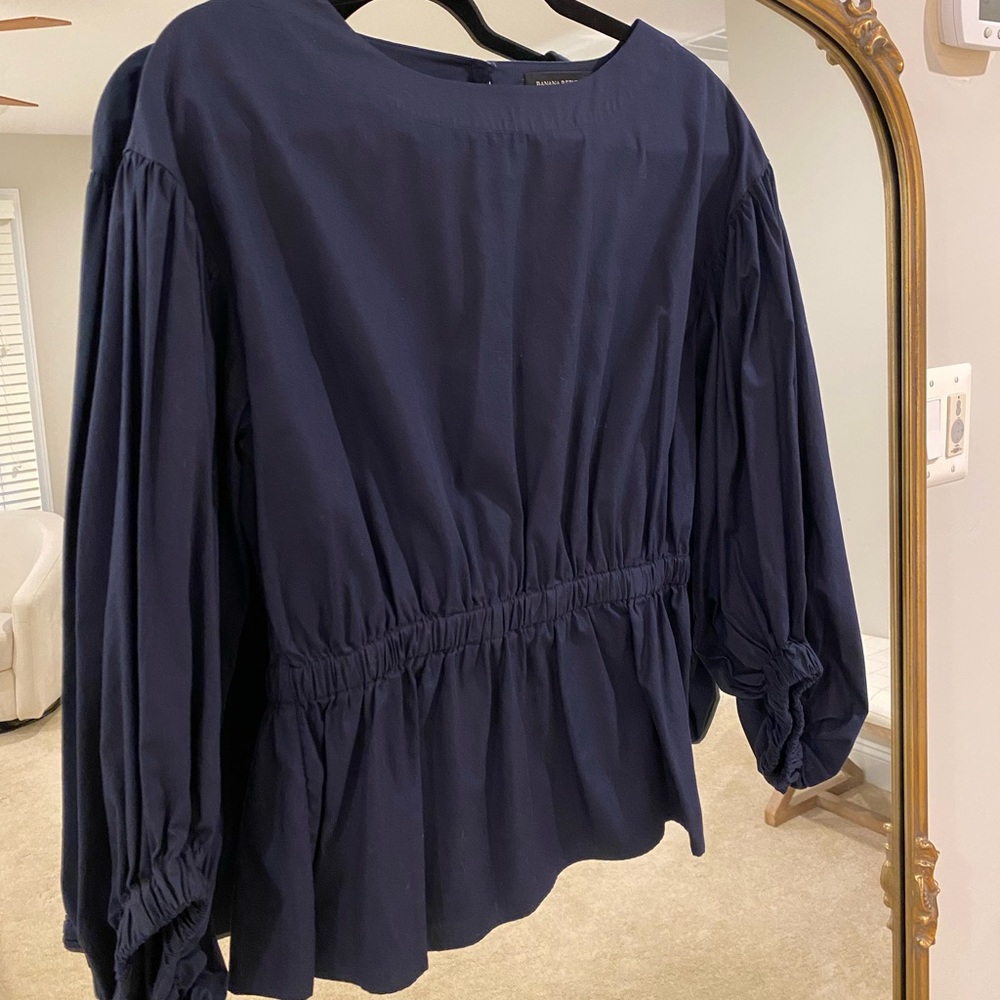 Banana Republic Lantern Sleeve Peplum Top, Navy, SZ Small, Excellent Condition